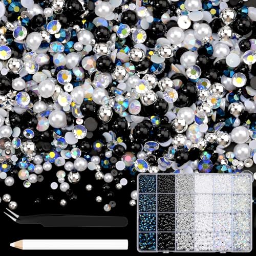 NACHLYNN 10000 Stück Strasssteinen Und Perlen Schwarz Weiß Silber 3-8mm Bastelperlen Harz Rhinestones Set Kommt Schmuckstift und Pinzette Geeignet für Nagelkunst Kleidung Handgefertigte Dekoration von NACHLYNN