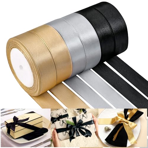 NACHLYNN 25mm x 22m Satinband Gold Silber Schwarz Schleifenband Geschenkband Bänder zum Basteln für Verpackungsband Urlaubsdekoration Hochzeitsstrauß DIY Dekoration NACHLYNN 25mm x 22m Satinband Gold Silber Schwarz Schleifenband Geschenkband Bänder zum Basteln für Verpackungsband Urlaubsdekoration Hochzeitsstrauß DIY Dekoration von NACHLYNN