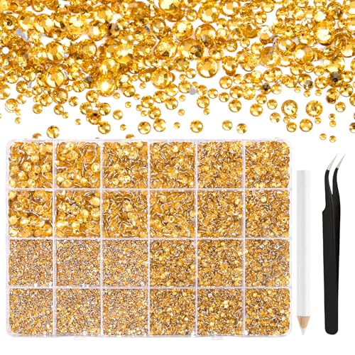 NACHLYNN 36000 Stück Strasssteinen aus Kunstharz 2-6mm Gold Flache Runde Jelly Strasssteine Geeignet für Nailart Gesichtsbemalung Kostüme und Andere DIY-Kreationen (Mit Pinzette) von NACHLYNN