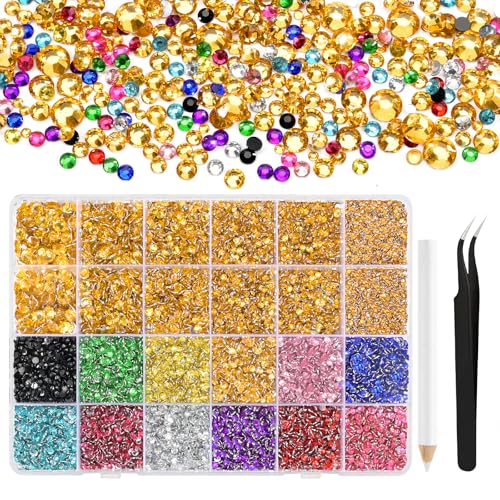 NACHLYNN 36000 Stück Strasssteinen aus Kunstharz 2-6mm Mehrfarbig Gold Flache Runde Jelly Strasssteine Geeignet für Nailart Gesichtsbemalung Kostüme und Andere DIY-Kreationen (Mit Pinzette) von NACHLYNN