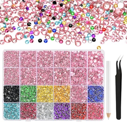 NACHLYNN 36000 Stück Strasssteinen aus Kunstharz 2-6mm Mehrfarbig Hellrosa Flache Runde Jelly Strasssteine Geeignet für Nailart Gesichtsbemalung Kostüme und Andere DIY-Kreationen (Mit Pinzette) von NACHLYNN