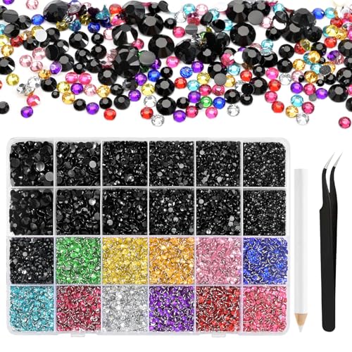 NACHLYNN 36000 Stück Strasssteinen aus Kunstharz 2-6mm Mehrfarbig Schwarz Flache Runde Jelly Strasssteine Geeignet für Nailart Gesichtsbemalung Kostüme und Andere DIY-Kreationen (Mit Pinzette) von NACHLYNN