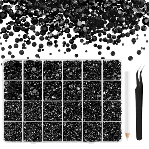 NACHLYNN 36000 Stück Strasssteinen aus Kunstharz 2-6mm Schwarz Flache Runde Jelly Strasssteine Geeignet für Nailart Gesichtsbemalung Kostüme und Andere DIY-Kreationen (Mit Pinzette) von NACHLYNN