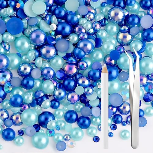 NACHLYNN 60g Perlen-Mix und Strasssteine für Bastelarbeiten – Flachrücken-Strasssteine, Halbrundperlen, Größenmix 3mm-10mm – Für DIY-Nageldesign, Schuhe, Kleidung, Tumbler & Tassen (Blau Grün) von NACHLYNN