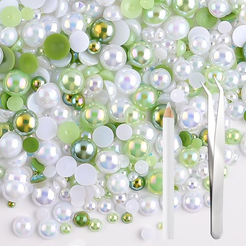 NACHLYNN 60g Perlen-Mix und Strasssteine für Bastelarbeiten – Flachrücken-Strasssteine, Halbrundperlen, Größenmix 3mm-10mm – Für DIY-Nageldesign, Schuhe, Kleidung, Tumbler & Tassen (Grün Weiß) von NACHLYNN
