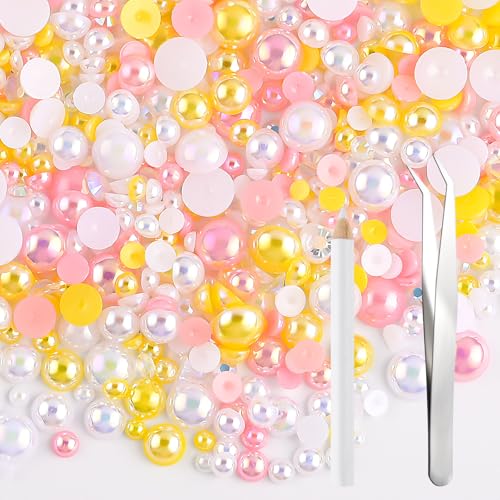 NACHLYNN 60g Perlen-Mix und Strasssteine für Bastelarbeiten – Flachrücken-Strasssteine, Halbrundperlen, Größenmix 3mm-10mm – Für DIY-Nageldesign, Schuhe, Kleidung, Tumbler & Tassen (Rosa Gelb) von NACHLYNN