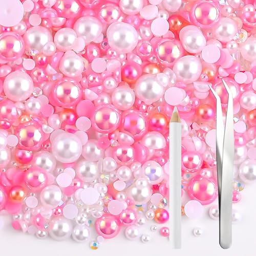 NACHLYNN 60g Perlen-Mix und Strasssteine für Bastelarbeiten – Flachrücken-Strasssteine, Halbrundperlen, Größenmix 3mm-10mm – Für DIY-Nageldesign, Schuhe, Kleidung, Tumbler & Tassen (Rosa Weiß) von NACHLYNN