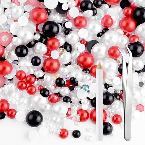 NACHLYNN 60g Perlen-Mix und Strasssteine für Bastelarbeiten – Flachrücken-Strasssteine, Halbrundperlen, Größenmix 3mm-10mm – Für DIY-Nageldesign, Schuhe, Kleidung, Tumbler & Tassen (Rot Schwarz) von NACHLYNN