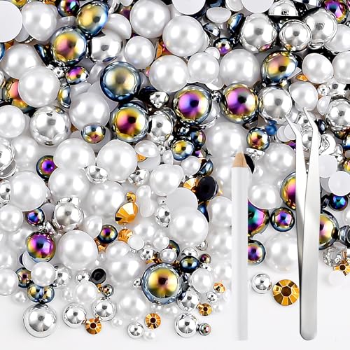 NACHLYNN 60g Perlen-Mix und Strasssteine für Bastelarbeiten – Flachrücken-Strasssteine, Halbrundperlen, Größenmix 3mm-10mm – Für DIY-Nageldesign, Schuhe, Kleidung, Tumbler & Tassen (Schwarz-Weiß) von NACHLYNN