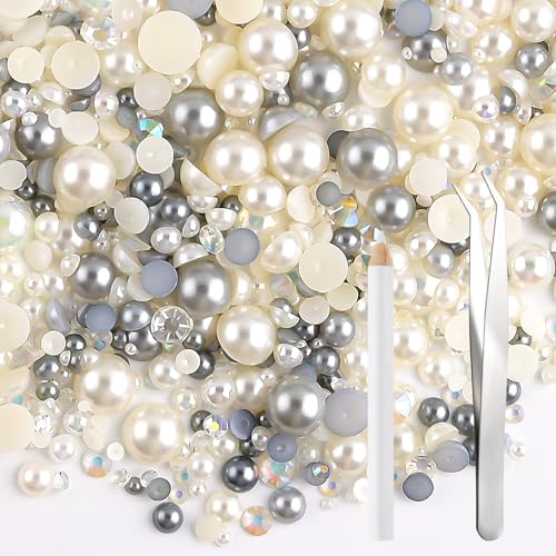 NACHLYNN 60g Perlen-Mix und Strasssteine für Bastelarbeiten – Flachrücken-Strasssteine, Halbrundperlen, Größenmix 3mm-10mm – Für DIY-Nageldesign, Schuhe, Kleidung, Tumbler & Tassen (Silber Weiß) von NACHLYNN