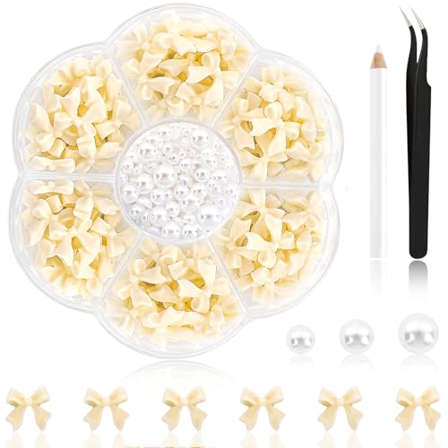 NACHLYNN 630 Stück Nagelanhänger mit Schleife Beige Schleife 3D Süße Nagelanhänger Flache Rückseite Weiße Perlen mit Flacher Schleifenknoten Nagelstecker Strasssteine für Nägel DIY Kunsthandwerk von NACHLYNN