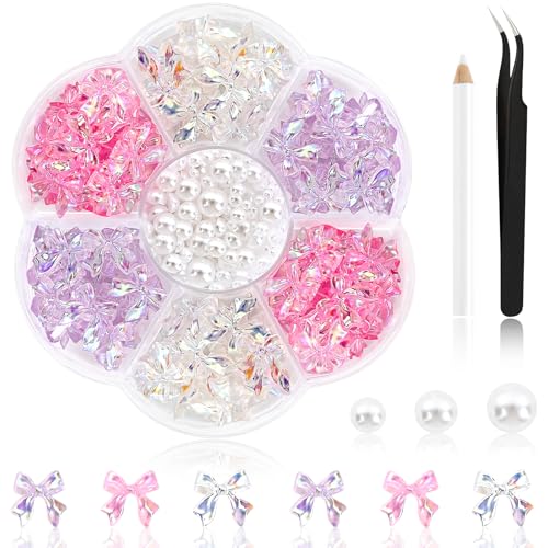 NACHLYNN 630 Stück Nagelanhänger mit Schleife Klar Weiß Rosa Lila Schleife 3D Süße Nagelanhänger Flache Rückseite Flacher Schleifenknoten Nagelstecker Strasssteine für Nägel DIY Kunsthandwerk von NACHLYNN