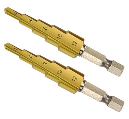 NACX Stufenbohrer, 4 - 12 mm, 5 Größen, HSS 4241 Hochgeschwindigkeitsstahl, titanbeschichteter Bohrer, Sechskantschaft für Metall, Kunststoff, Holz, 2 Stück NACX Stufenbohrer, 4 - 12 mm, 5 Größen, HSS 4241 Hochgeschwindigkeitsstahl, titanbeschichteter Bohrer, Sechskantschaft für Metall, Kunststoff, Holz, 2 Stück von NACX