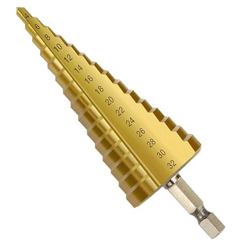 NACX Stufenbohrer, 4–32 mm, 15 Größen, HSS 4241 Hochgeschwindigkeitsstahl, titanbeschichteter Bohrer, Sechskantschaft für Metall, Kunststoff, Holz NACX Stufenbohrer, 4–32 mm, 15 Größen, HSS 4241 Hochgeschwindigkeitsstahl, titanbeschichteter Bohrer, Sechskantschaft für Metall, Kunststoff, Holz von NACX