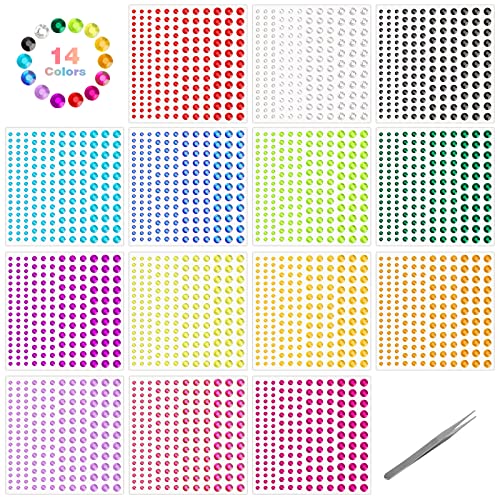 2310 Stück Glitzersteine Selbstklebend Strasssteine Aufkleber, 4 Größe Runde Schmucksteine Sticker mit Pinzette, Bunt Acryl Glitzersteine für Gesicht Augen Nägel DIY Basteln von NAEBRO