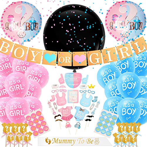 Gender Reveal Party Dekoration Set, 129 Stück Boy or Girl Ballon und Girlande Deko, Baby Geschlecht Verkünden Babyparty Foto Requisiten Dekoration mit Konfetti Schärpe Cake Topper von NAEBRO