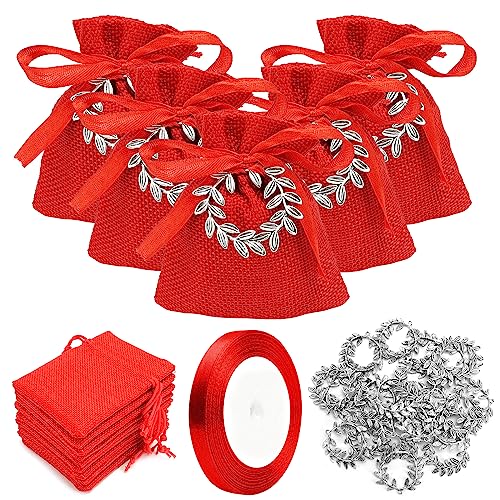 Jutebeutel Abschlussfeiern 24 Stück Rot Jute Geschenktüten mit Metall Lorbeerkranz, Kleine Jutesäckchen für Abschlussfeiern Weihnachten und Hochzeit (10 x 8cm) von NAEBRO