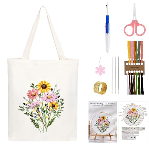 Sticken Set Erwachsene Anfänger, Mit Blumenmuster Canvas Tasche Stickerei Set, Kreuzstich Embroidery Tote Bag, Taschen Stickset für Anfänger Erwachsene, Stickerei Set Inklusive Anleitung, Nadeln, Fäde Sticken Set Erwachsene Anfänger, Mit Blumenmuster Canvas Tasche Stickerei Set, Kreuzstich Embroidery Tote Bag, Taschen Stickset für Anfänger Erwachsene, Stickerei Set Inklusive Anleitung, Nadeln, Fäde von NAEBRO