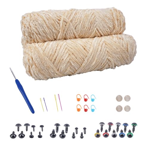 NAHUAA Chenille Wolle zum Häkeln 3 x 100g (3 x 150 m) Flauschige Wolle zum Stricken und Häkeln Kuschelwolle mit Häkelzubehör Weiche Plüschwolle für Decken Schals Kunsthandwerk, Beige von NAHUAA