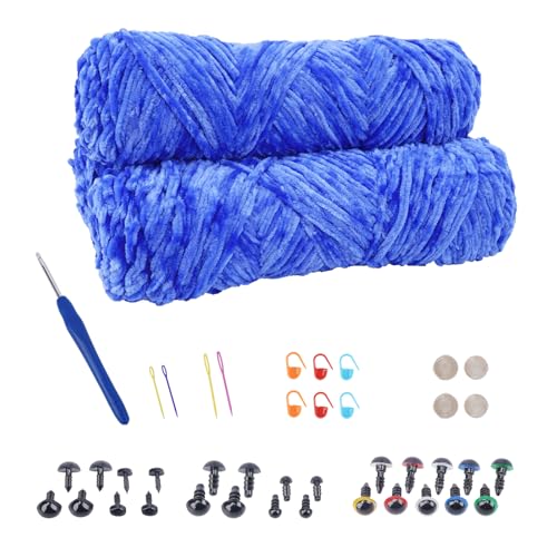 NAHUAA Chenille Wolle zum Häkeln 3 x 100g (3 x 150 m) Flauschige Wolle zum Stricken und Häkeln Kuschelwolle mit Häkelzubehör Weiche Plüschwolle für Decken Schals Kunsthandwerk, Blau von NAHUAA