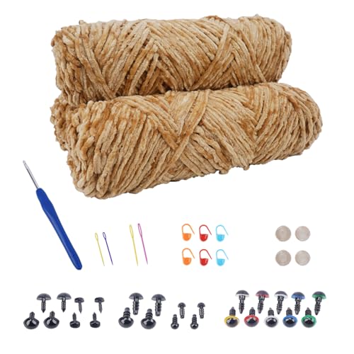 NAHUAA Chenille Wolle zum Häkeln 3 x 100g (3 x 150 m) Flauschige Wolle zum Stricken und Häkeln Kuschelwolle mit Häkelzubehör Weiche Plüschwolle für Decken Schals Kunsthandwerk, Braun von NAHUAA
