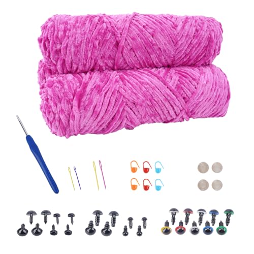 NAHUAA Chenille Wolle zum Häkeln 3 x 100g (3 x 150 m) Flauschige Wolle zum Stricken und Häkeln Kuschelwolle mit Häkelzubehör Weiche Plüschwolle für Decken Schals Kunsthandwerk, Dunkelrosa von NAHUAA
