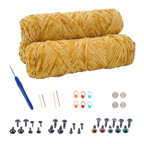 NAHUAA Chenille Wolle zum Häkeln 3 x 100g (3 x 150 m) Flauschige Wolle zum Stricken und Häkeln Kuschelwolle mit Häkelzubehör Weiche Plüschwolle für Decken Schals Kunsthandwerk, Gelb von NAHUAA
