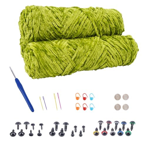 NAHUAA Chenille Wolle zum Häkeln 3 x 100g (3 x 150 m) Flauschige Wolle zum Stricken und Häkeln Kuschelwolle mit Häkelzubehör Weiche Plüschwolle für Decken Schals Kunsthandwerk, Grün von NAHUAA
