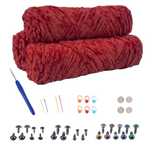 NAHUAA Chenille Wolle zum Häkeln 3 x 100g (3 x 150 m) Flauschige Wolle zum Stricken und Häkeln Kuschelwolle mit Häkelzubehör Weiche Plüschwolle für Decken Schals Kunsthandwerk, Rot von NAHUAA