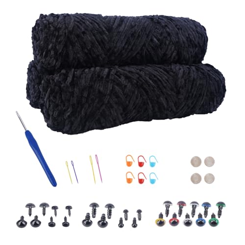 NAHUAA Chenille Wolle zum Häkeln 3 x 100g (3 x 150 m) Flauschige Wolle zum Stricken und Häkeln Kuschelwolle mit Häkelzubehör Weiche Plüschwolle für Decken Schals Kunsthandwerk, Schwarz von NAHUAA