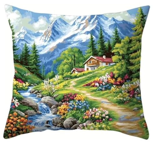 Kreuzstich Kissen Stickpackung Bachlandschaft 45X45Cm Kreuzstich-Set, Komplettes Kissen Mit Dekoration, Handarbeit Stickerei Für Erwachsene Kunst Kreatives Geschenk Diy, Kreuzstich Stickerei von NAHUIGOOD