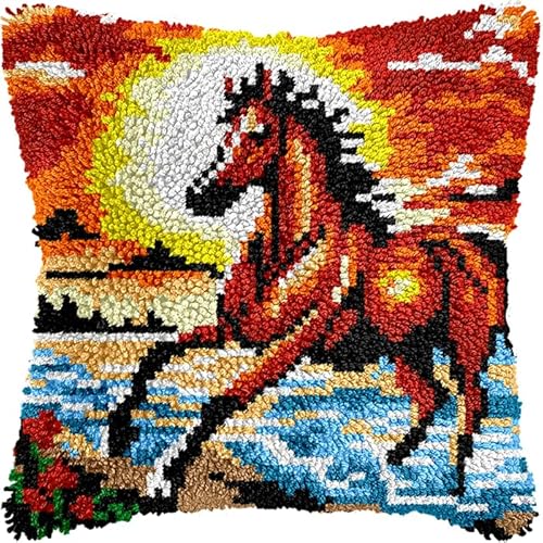 Latch Hook Cushion Kit, Panther Knüpfkissen Set Knotting And Weaving Set Knüpfpackungen Diy Kissen Knüpfset Knüpfen Embroidery Kit Sonnenaufgang, Rennende Pferde 43X43Cm von NAHUIGOOD