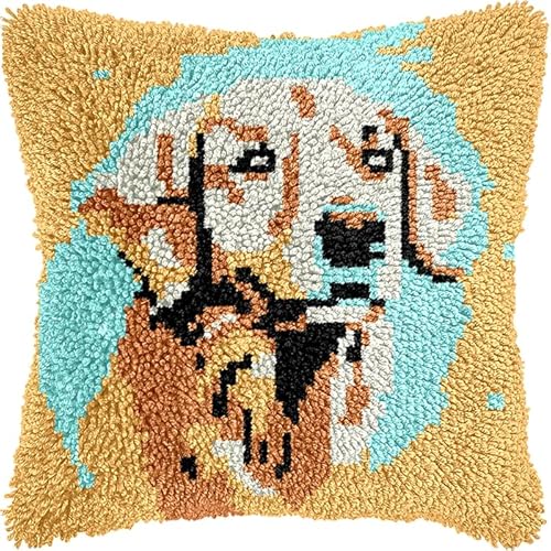 Latch Hook Cushion Kit, Panther Knüpfkissen Set Knotting And Weaving Set Knüpfpackungen Diy Kissen Knüpfset Knüpfen Embroidery Kit Tier Hund Golden Retriever 43X43Cm von NAHUIGOOD