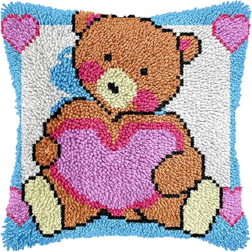 Latch Hook Kissen Kit, Tier Knüpfkissen Set Für Anfänger Erwachsene Oder Kinder Zum Selber Knüpfen,Diy Knüpfteppich Knüpfpackung, Knüpfhaken Set Süßer Bär 43X43Cm von NAHUIGOOD