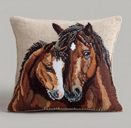 NAHUIGOOD 11Ct Sticken Set Kreuzstich Kissen, Paar Pferd 45X45Cm Kreuzstich Kissen Set Vorgedruckt Handstickerei Nähkissenbezug Stickset Kreuzstichkissen Zum Dekorieren von NAHUIGOOD