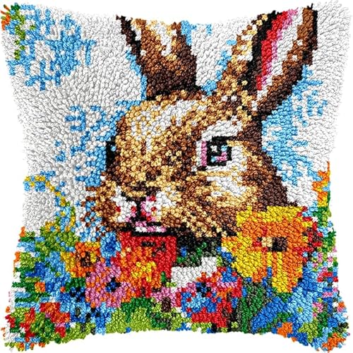 NAHUIGOOD Knüpfkissen-Set,Diy Knüpfhaken, Teppich-Stickset, Häkel-Leinenmuster, Handarbeiten Für Kinder, Erwachsene Und Anfänger Blumen Und Kaninchen 43X43Cm von NAHUIGOOD