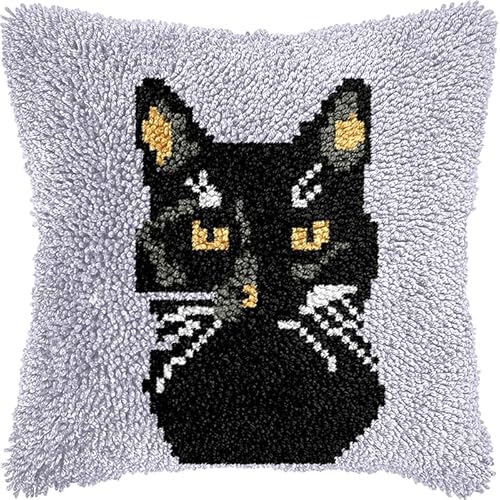NAHUIGOOD Knüpfkissen-Set,Diy Knüpfhaken, Teppich-Stickset, Häkel-Leinenmuster, Handarbeiten Für Kinder, Erwachsene Und Anfänger Schwarze Katze 43X43Cm von NAHUIGOOD