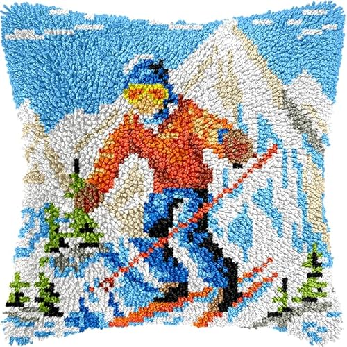 NAHUIGOOD Knüpfkissen-Set,Diy Knüpfhaken, Teppich-Stickset, Häkel-Leinenmuster, Handarbeiten Für Kinder, Erwachsene Und Anfänger Skigebiet 43X43Cm von NAHUIGOOD
