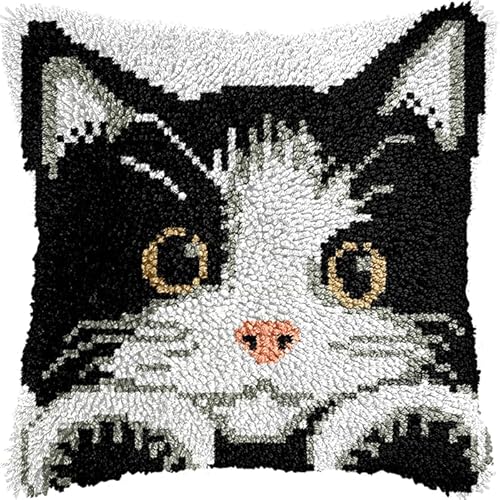 NAHUIGOOD Knüpfkissen-Set,Diy Knüpfhaken, Teppich-Stickset, Häkel-Leinenmuster, Handarbeiten Für Kinder, Erwachsene Und Anfänger Süßes Kätzchen 43X43Cm von NAHUIGOOD