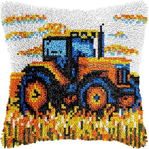 NAHUIGOOD Knüpfkissen-Set,Diy Knüpfhaken, Teppich-Stickset, Häkel-Leinenmuster, Handarbeiten Für Kinder, Erwachsene Und Anfänger Traktor Im Weizenfeld 43X43Cm von NAHUIGOOD