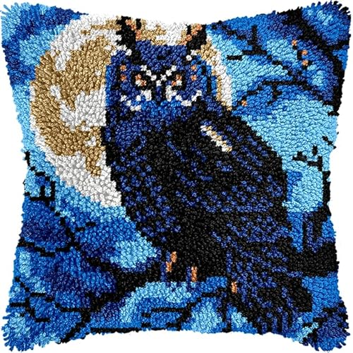 NAHUIGOOD Knüpfkissen Zum Selber Knüpfen Knüpfen Set Knüpfteppiche Set 3D Handgemachte Geschenke Knüpfteppich Für Kinder Und Erwachsene Knüpfset Mondnacht, Eule 43X43Cm von NAHUIGOOD