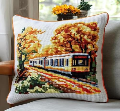 NAHUIGOOD Kreuzstich Kissen Vorgedruckt, Herbstlandschaft 45X45Cm 11Ct Stickset Für Kreuzstichkissen,Stickset Anfänger Diy Kreuzstichkissen Zum Dekorieren Handstickerei Kissenbezug Set von NAHUIGOOD