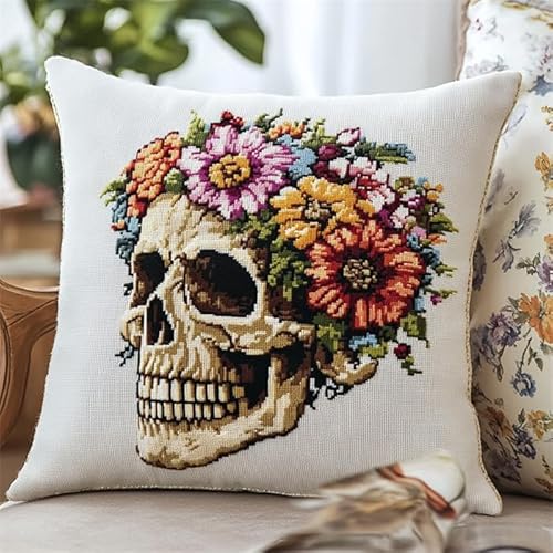 NAHUIGOOD Kreuzstich Kissen Vorgedruckt, Schädel 45X45Cm 11Ct Stickset Für Kreuzstichkissen,Stickset Anfänger Diy Kreuzstichkissen Zum Dekorieren Handstickerei Kissenbezug Set von NAHUIGOOD