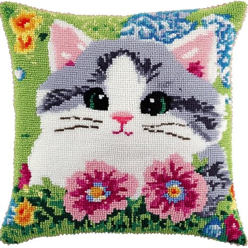 NAHUIGOOD Kreuzstich Kissen Vorgedruckt, Tier Katze 45X45Cm 11Ct Stickset Für Kreuzstichkissen,Stickset Anfänger Diy Kreuzstichkissen Zum Dekorieren Handstickerei Kissenbezug Set von NAHUIGOOD