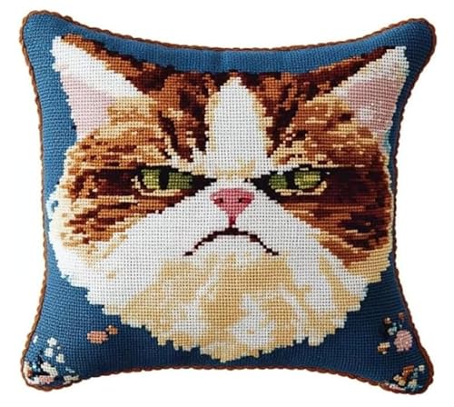 NAHUIGOOD Kreuzstich Kissen Vorgedruckt, Wütende Katze 45X45Cm 11Ct Stickset Für Kreuzstichkissen,Stickset Anfänger Diy Kreuzstichkissen Zum Dekorieren Handstickerei Kissenbezug Set von NAHUIGOOD