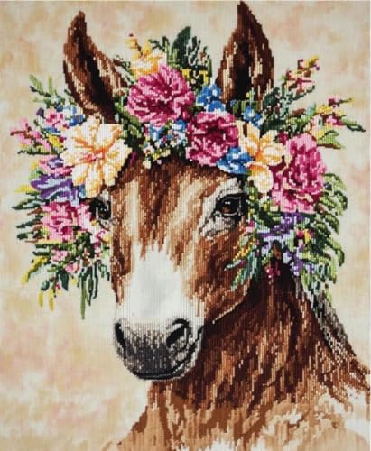 NAHUIGOOD Kreuzstich-Set,Blumen, Pferde 11CT40x50cm,DIY 11CT Nähen komplettes Sortiment an vorgedruckten Stick-Starter-Sets für Anfänger von NAHUIGOOD