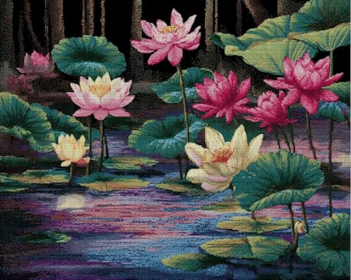 NAHUIGOOD Kreuzstich Set Vorgedruckt,Lotusteich 11CT40x50cm,Stickvorlagen Stickbilder Vorgedruckt Kreuzstich Cross Stitch Embroidery Kit Stickset Sticken Set für Erwachsene Anfänger von NAHUIGOOD
