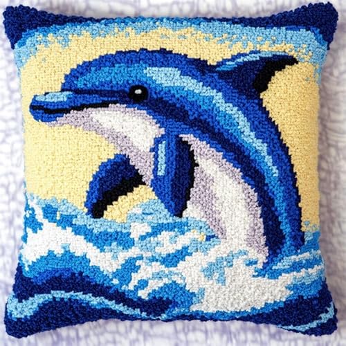 NAHUIGOOD Kreuzstich Stickpackungen Kissen Front Zum Selbersticken Mit Delphin 45X45Cm Stickbild Auf 100% Baumwoll Stoff Und Stickgarn, Stickvorlagen von NAHUIGOOD