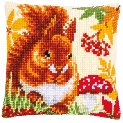 NAHUIGOOD Kreuzstich Stickpackungen Kissen Front Zum Selbersticken Mit Eichhörnchen 45X45Cm Stickbild Auf 100% Baumwoll Stoff Und Stickgarn, Stickvorlagen von NAHUIGOOD