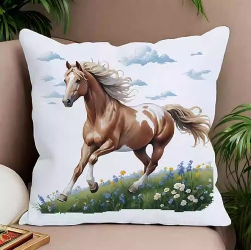 NAHUIGOOD Kreuzstich Stickpackungen Kissen Front Zum Selbersticken Mit Laufendes Pferd 45X45Cm Stickbild Auf 100% Baumwoll Stoff Und Stickgarn, Stickvorlagen von NAHUIGOOD